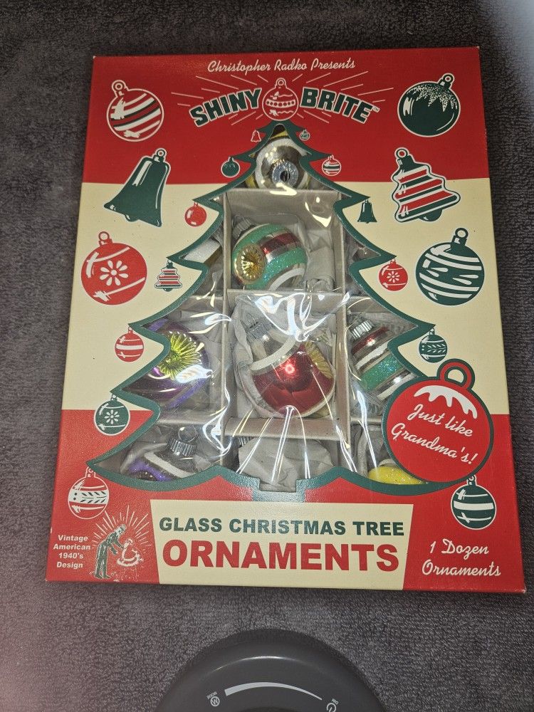 Christopher Radko "Shiny Brite" Glass Christmas Ornaments 1940s Design Set of 12 Tree Holiday in box