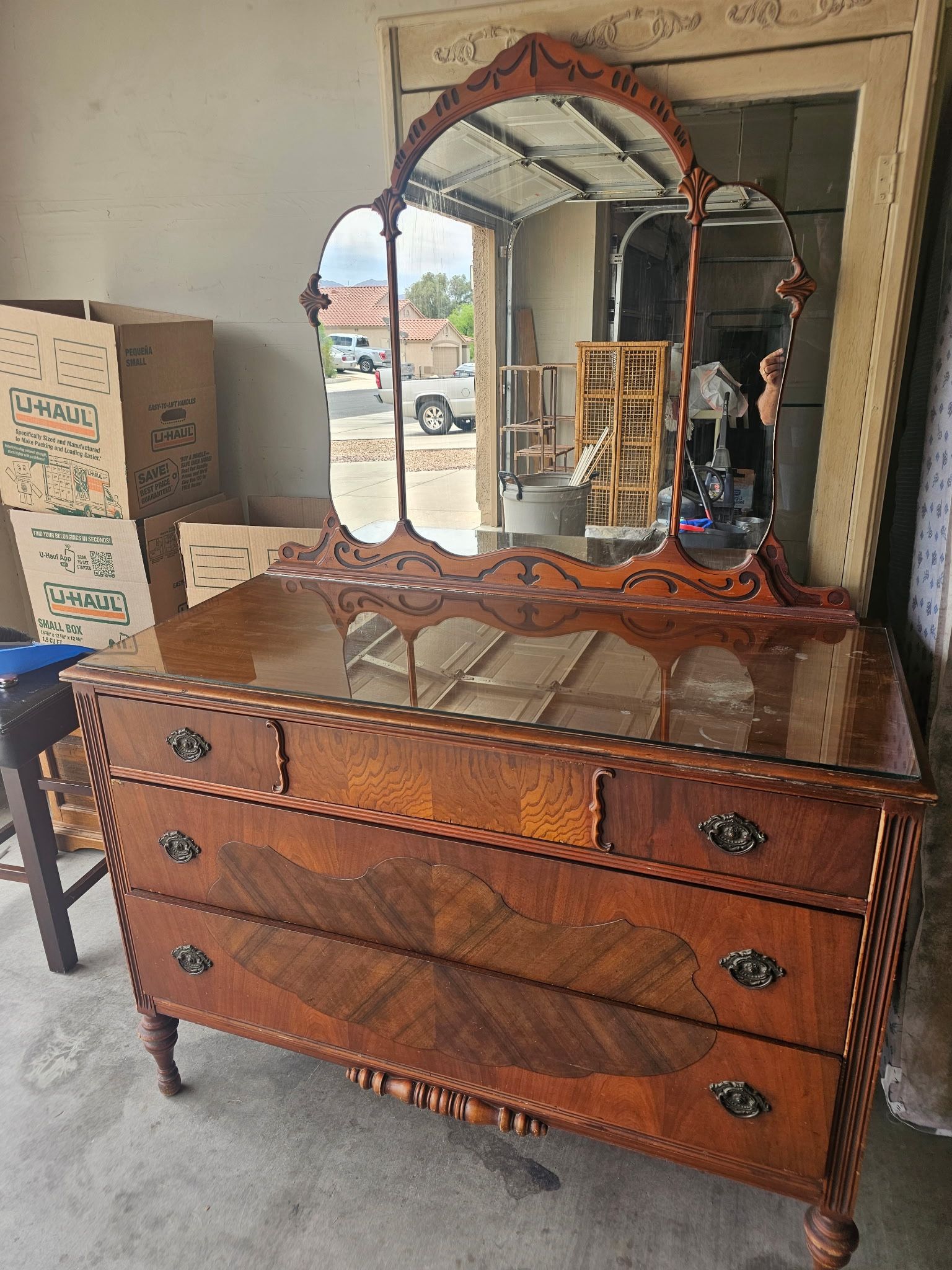 Stunning Antique Wood Dresser with Tri-Fold Vanity Mirror