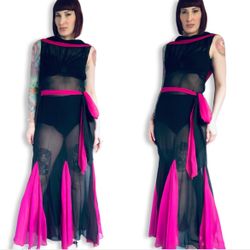 Vintage 1930s Fuchsia Pink Silk & Black Chiffon Deco Goddess Gown S/m