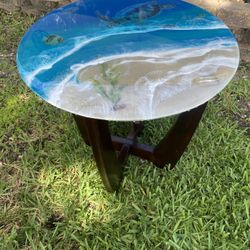 Side Table Round Epoxy Ocean , Glass Top 