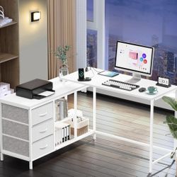 Corner/ L Shaped Desk with Power Outlets, Drawers & Shelves- Gaming or Home Office Desk, White 