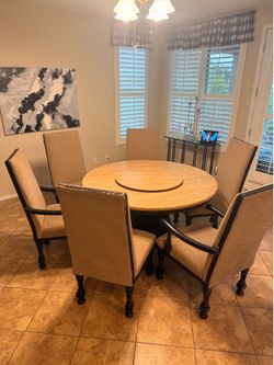 Heavy Round Dining Table Set with 6 Upholstered Chairs & Lazy Susan