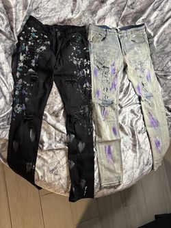 KDNK Light Wash Distressed Jeans Purple Paint Accents