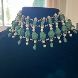 1950 Vintage Choker With Green Beads And Pearls 