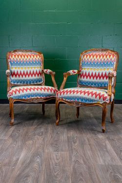 Pair of French Style Armchairs w/ Flame Stitch Upholstery - Solid Wood - Delivery Available