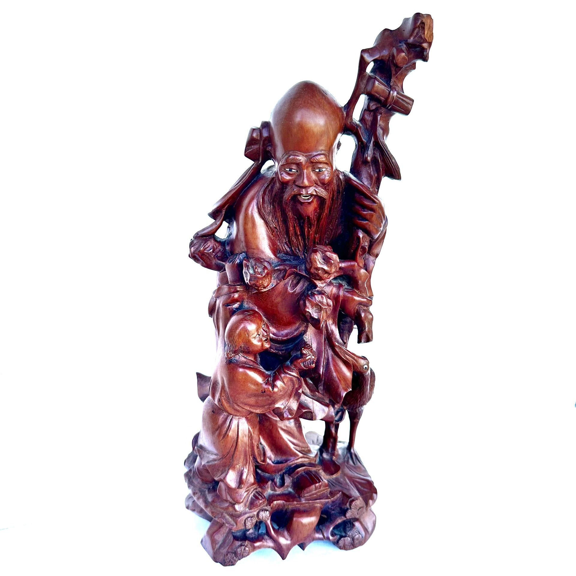 Vintage Chinese Carved wood statue of Shou Lao, the god of longevity 12” tall