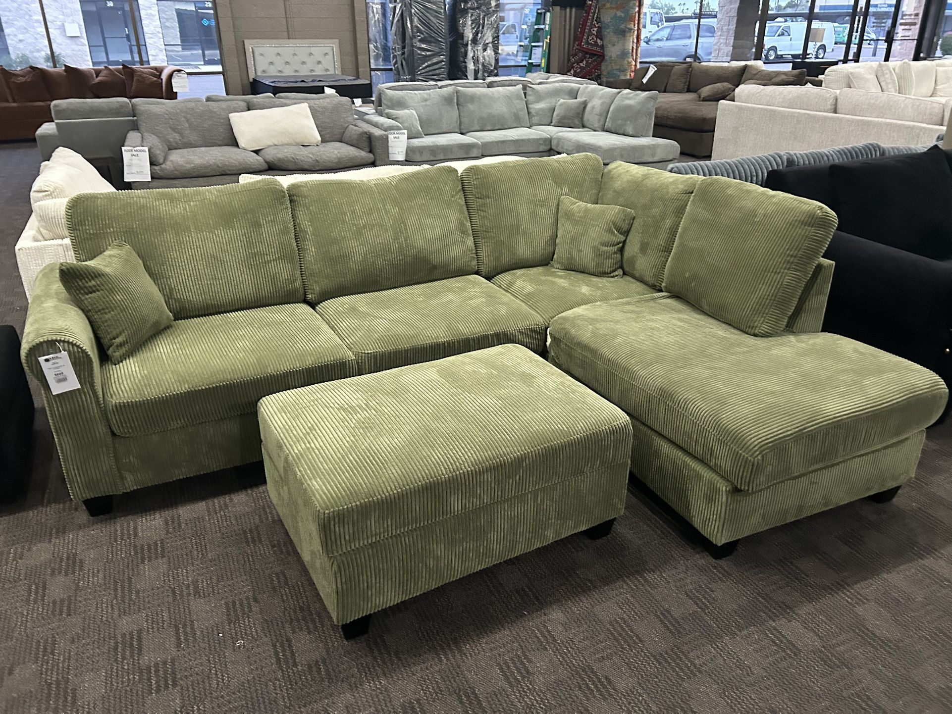 Sage Green Sectional W/ Storage Ottoman