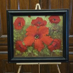 Vintage 1970s Red Poppies Signed Painting 