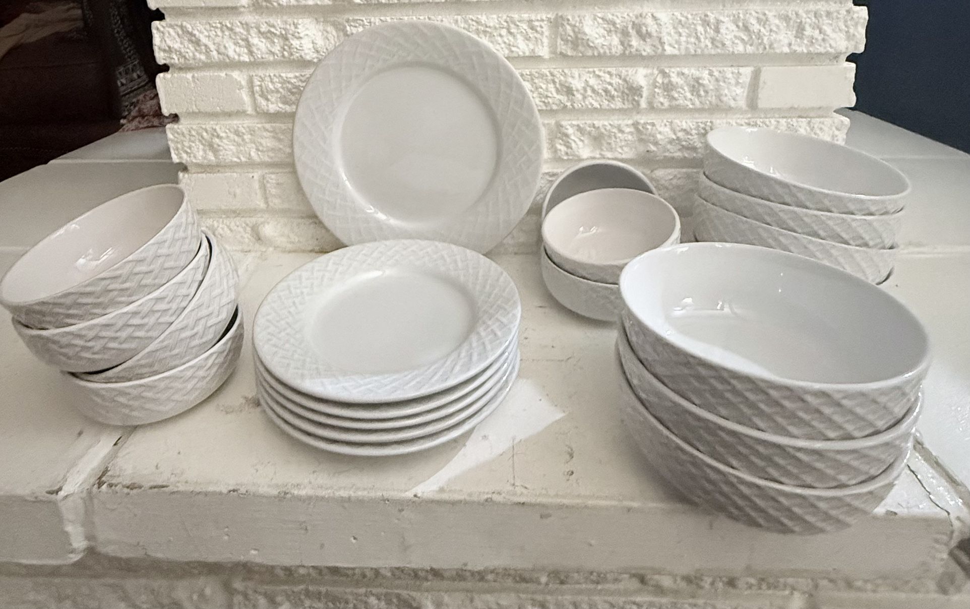 20 J.C. Penney home sets for 5 white salad plates 1 serving dish and 7 soup bowls and 7 appetizers