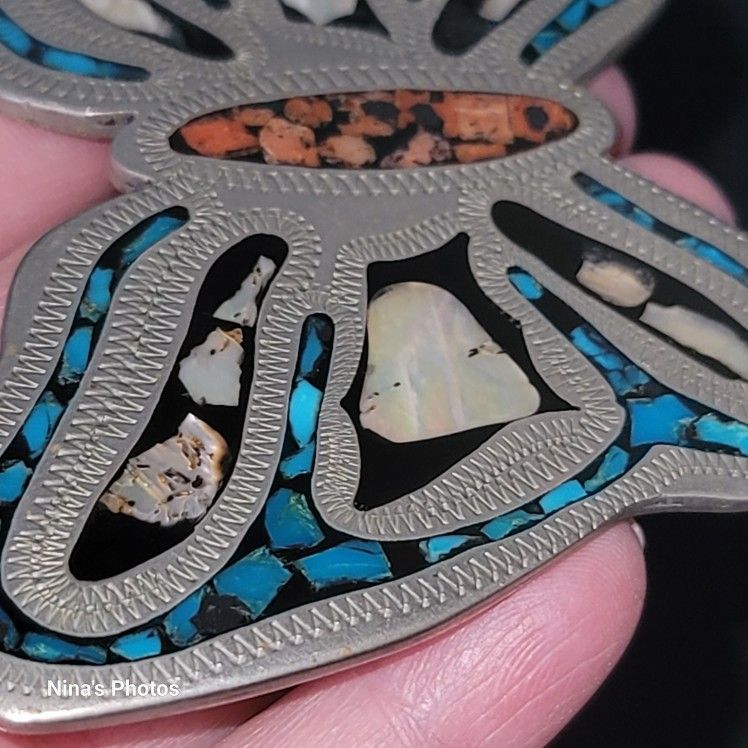 Nickel Silver Turquoise Abalone Shell Coral Inlay Butterfly Belt Buckle Marked D Nickel Silver Turquoise Abalone Shell Coral Inlay Butterfly  main image 3