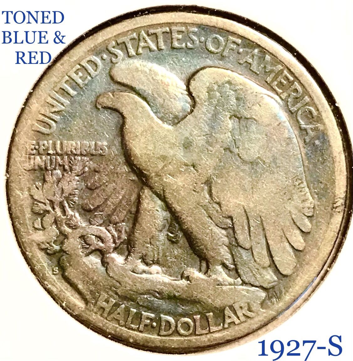 SCARCE KEY DATE 1927-S BLUE, GOLD, RED TONED SILVER WALKING LIBERTY HALF DOLLAR