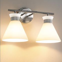 (Brand New in Box) 
WOSHITU Bathroom Vanity Light Fixtures - Brushed Nickel Bathroom Lighting Fixtures Over Mirror 2-Lights with Modern Milky White Fr