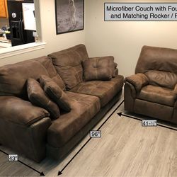Large brown microfiber and leather couch and/or matching rocker-recliner