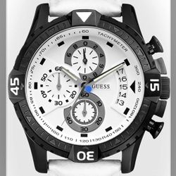 Guess Men’s U15067G1 White Leather Quartz Watch with White Dial