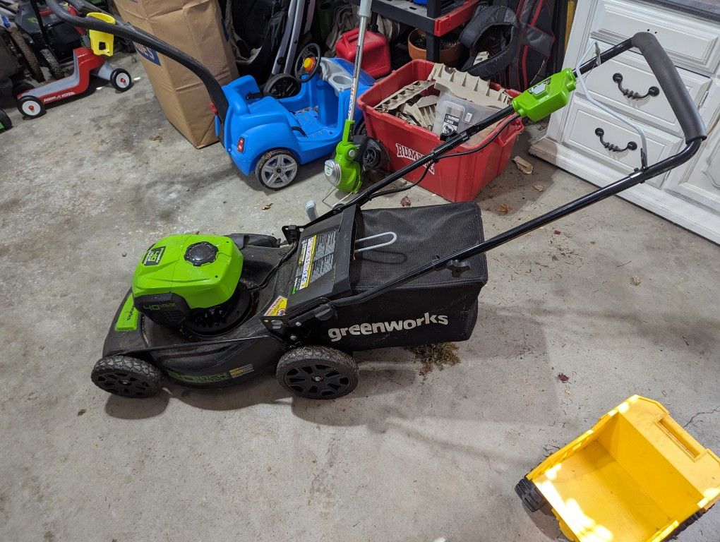 Greenworks Mower, Trimmer, Leaf Blower, Batteries, and Charger