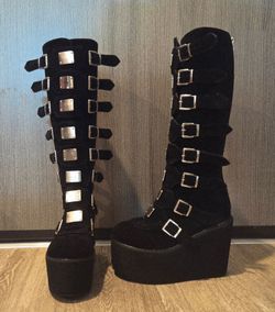Demonia Damned-318 Platform Knee High Boots Black Suede/Velvet Women's Size 6