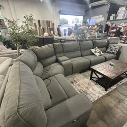Fabric reclining Sectional In Grey (greenish) 
