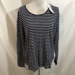 Chico’s Navy Long Sleeve Top With White Stripes - Chico’s 2, NWT, Bust 20.5”