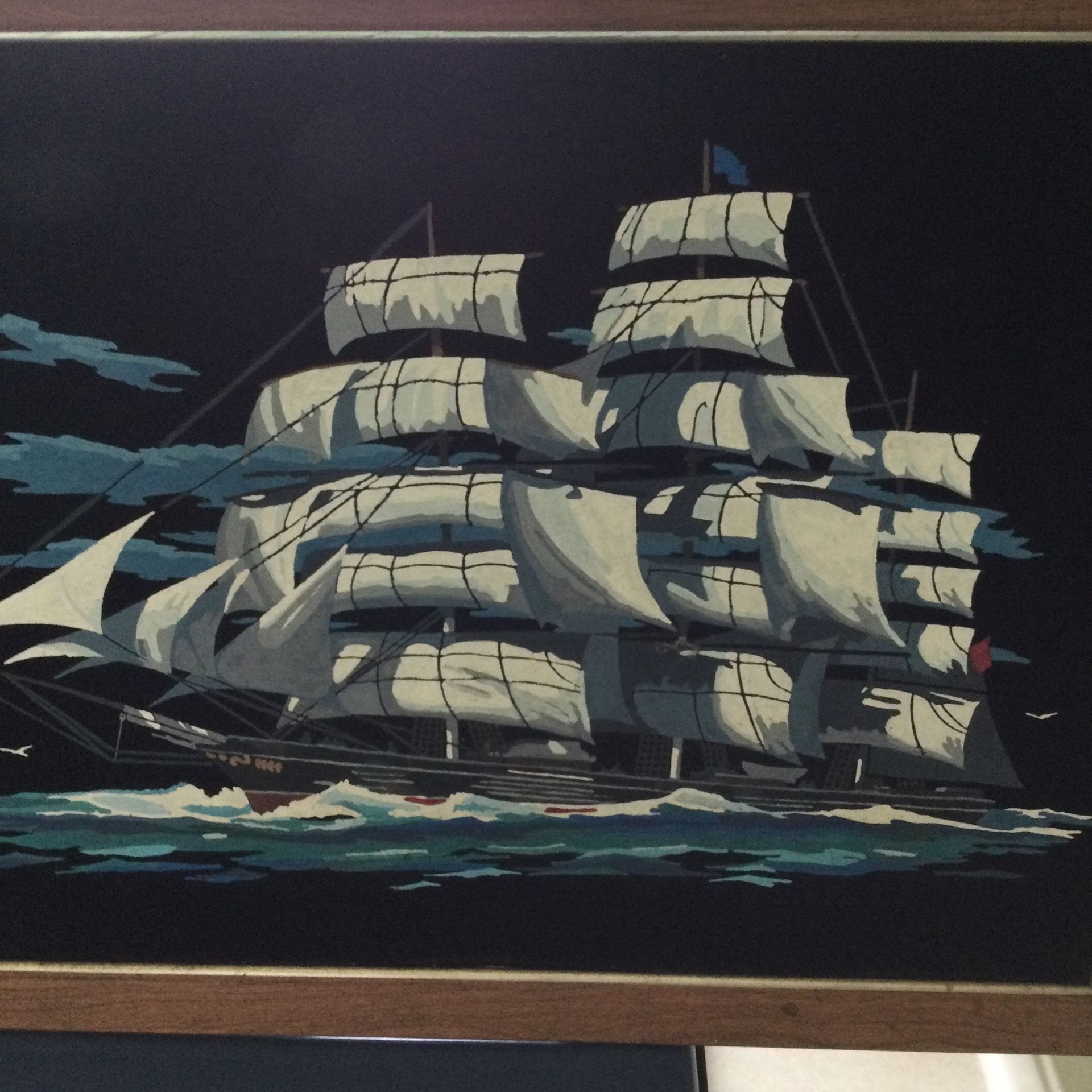 Vintage 60’s / 70’s Black Velvet Tall Ship Painting. 21”x 27”.
