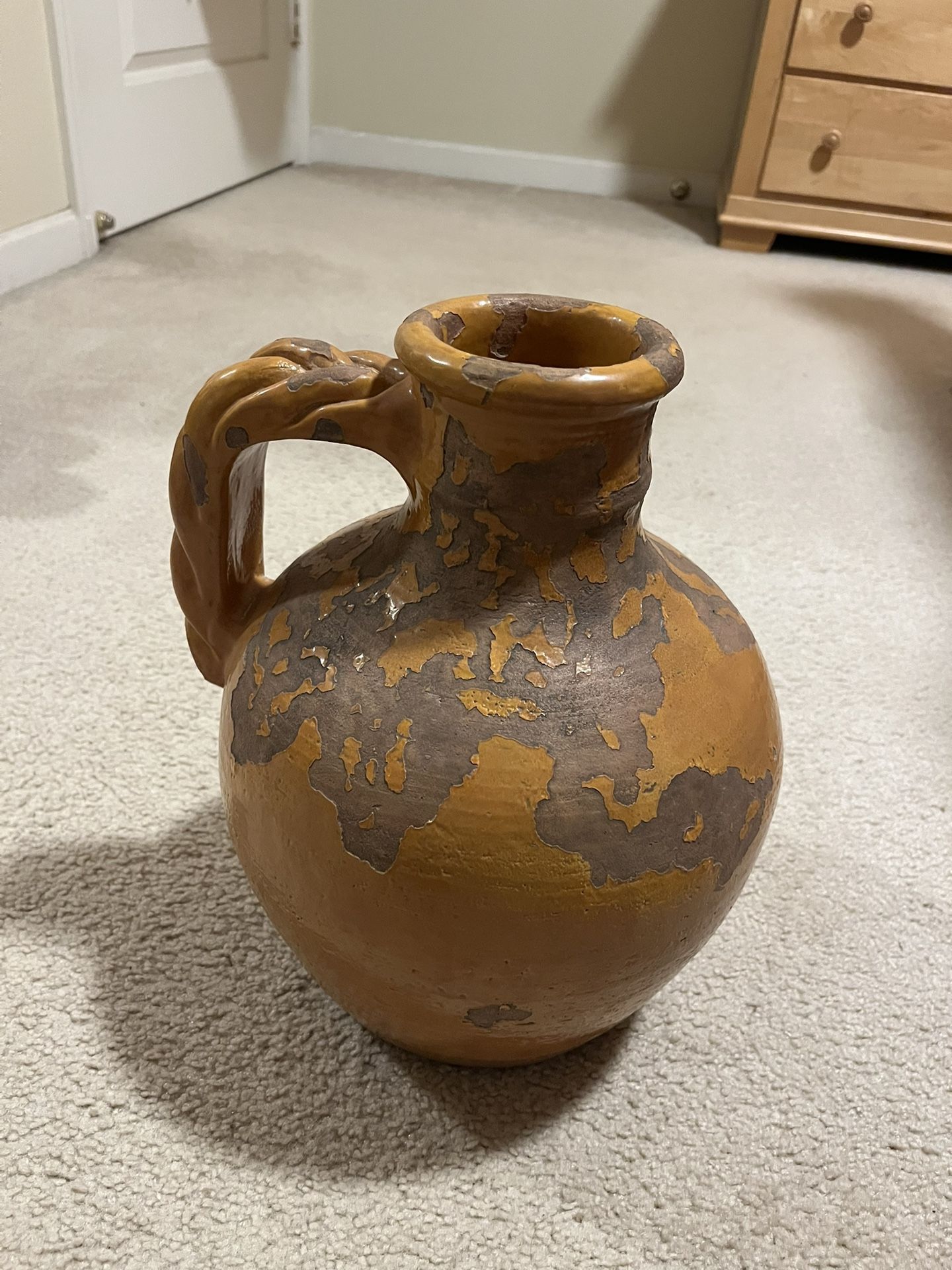 Antique Mid Century Modern Terracotta Pottery Pitcher Vase With Braided Handle