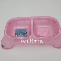 Personalized Pink Glittery Plastic Divided Pet Bowl