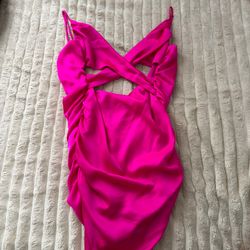 hot pink satin dress with cut out detail