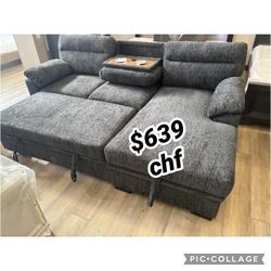 94"W Dark Gray Chenille Fabric Sleeper Sectional Sofa with Right-Facing Chaise, Cupholders, USB Charging port 