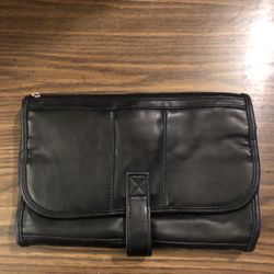 Travel Toiletry Bag-Unisex Black Faux Leather 6-Zip Pockets-Folding-Hanging