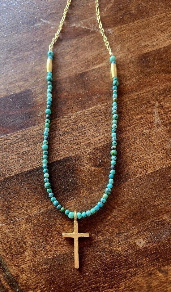 Hammered Gold Cross Turquoise Necklace