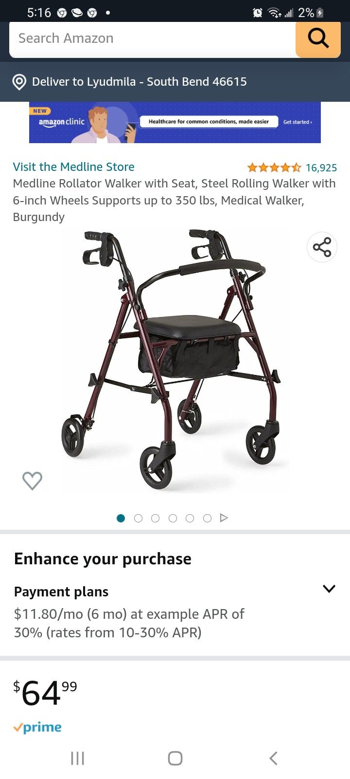 Medline Rollator Walker with Seat, Steel Rolling Walker with 6-inch Wheels Supports up to 350 lbs, Medical Walker, Burgundy

