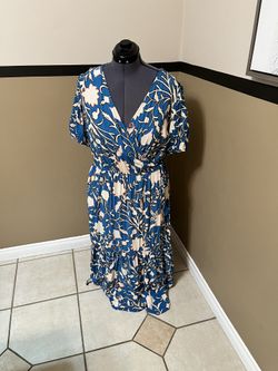 Boho Beach Floral Wrap Midi Layered Dress Blue Cream 3X Knox Rose Cottage