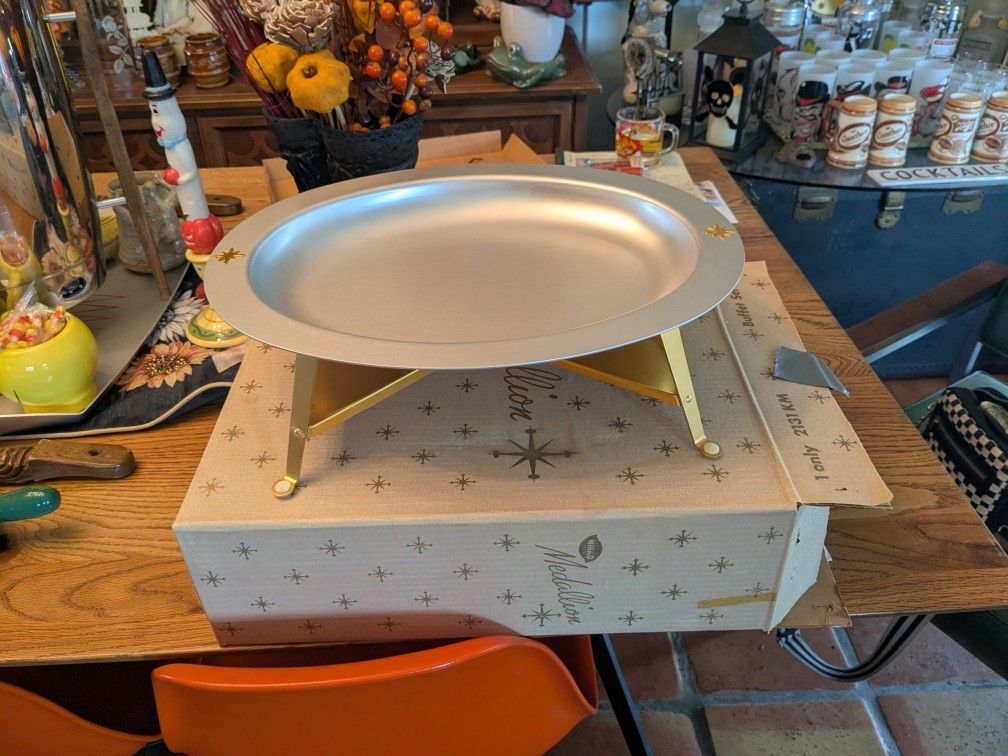 Mid Century Modern Vintage Mirro Medallion Atomic Starburst Buffet Server Tray With Warming Plate