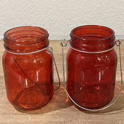 Vintage 5” Red Glass Jars for Candles Flowers Plants SET of 2 Decorative Vases