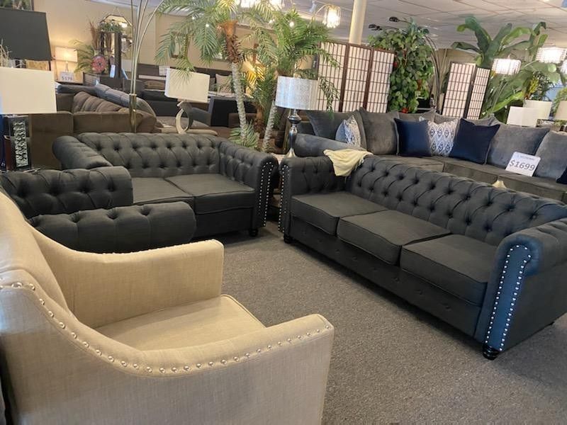 Brand New Dark Gray Tufted Linen Sofa + Loveseat + Chair 3PCs Set