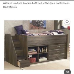 Ashley Furniture Juararo Loft Bed with Open Bookcase & Drawers in Dark Brown