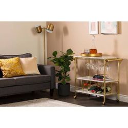 Maliza Bar Cart with Wine Bottle Storage and Wine Glass Rack Faux Carrara Marble and Gold