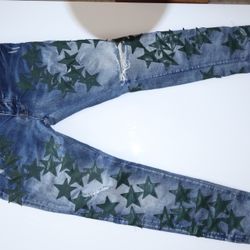 Amiri x Chemist Skinny Jeans Denim Wash Green Star Leather Patches
