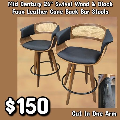 NEW Mid Century 26" Swivel Wood & Black Faux Leather Cane Back Bar Stools: njft