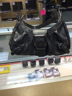 Black Leather Shoulder Bag with Buckle Detail