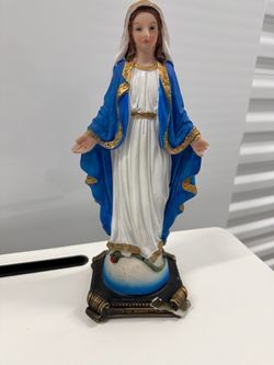 Virgin Mary Milagrosa Statue Religious Figurine Blue White Gold 12 Inch Chips