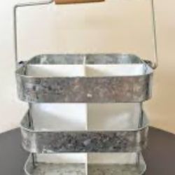 Galvanized Farmhouse Divided Organizer Wine Caddy Wood Handle White Divider  NEW