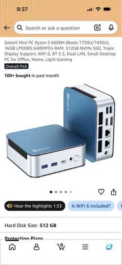 Getorli Mini PC Ryzen 5 6600H (Beats 7730U/7430U), 16GB LPDDR5 6400MT/s RAM, 512GB NVMe SSD, Triple Display Support, WiFi 6, BT 5.3, Dual LAN, Small D