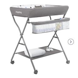 Baby Changing Table with Wheels, Maydolly Portable Adjustable Height Folding Diaper Station with Nursery Organizer & Storage Rack for Newborn Baby and