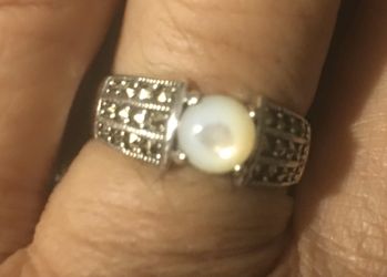 Sterling Silver Round Mother of Pearl Marcasite Ring