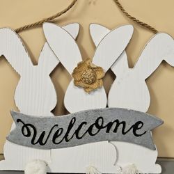 Three Rabbits Wooden Welcome Wall Decor