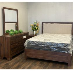 4 Piece Queen Size Bedroom Set ( Included Bed Frame ,  Dresser ,  Mirror ,Nightstand )