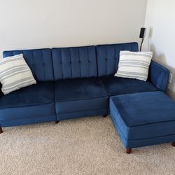 Blue velvet Sofa - brown leg (upholstered back)