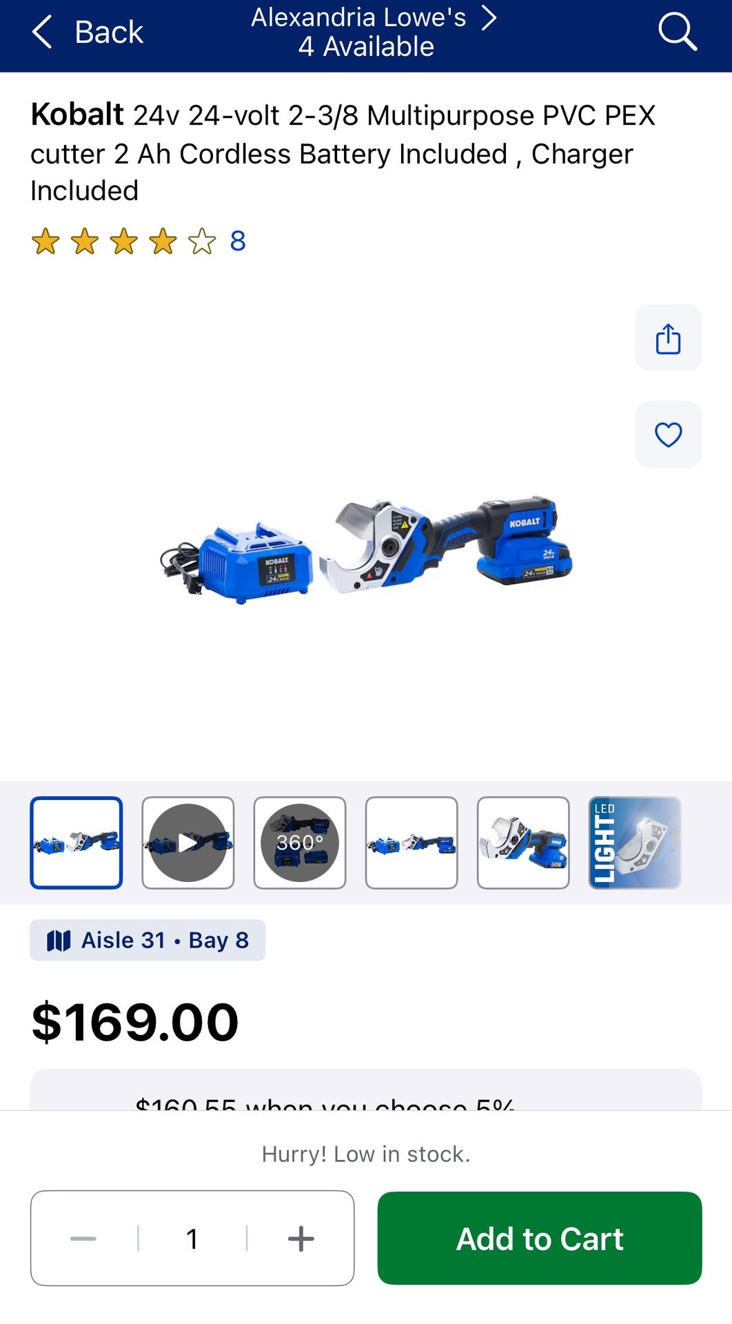 Kobalt 24v 24-volt 2-3/8 Multipurpose PVC PEX cutter 2 Ah Cordless Battery Included, Charger Included