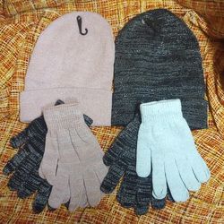 Beanie Gloves Sparkly Glitter Black Pink Blue NEW 