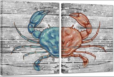 HAPPYWALL 2 Pieces Set Vintage Beach Wall Decor Crab Inspiration Ocean Marine Animal Picture